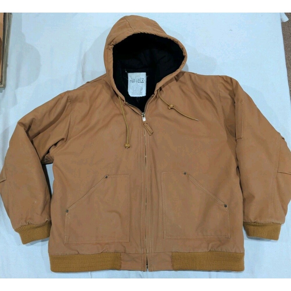 Old Mill Brown Duck Canvas Hooded Work Jacket 3M Thinsulate Barn Coat Zip 2XL
